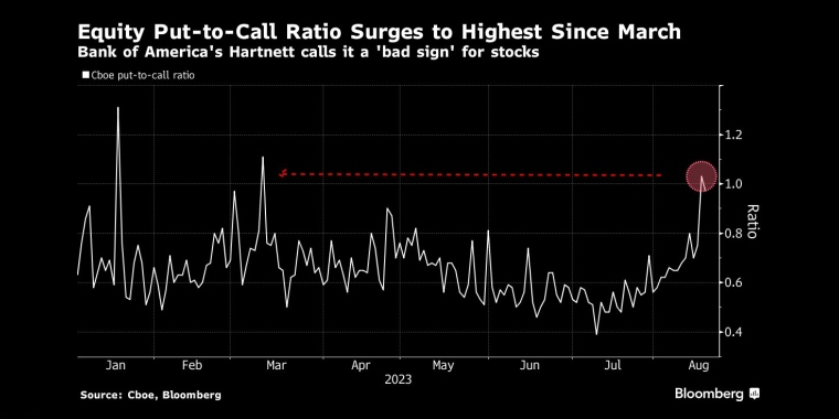 股票卖权与买权之比升至3月以来最高美国银行(Bank of America)的哈特尼特称这是股市的“坏信号” - 行情走势分析 - 股指、黄金、外汇、原油 - 财经图表/统计图表/分析图表/经济指标【GDP-CPI-PMI-非农】 - 彭博社 - Bloomberg - 市场矩阵